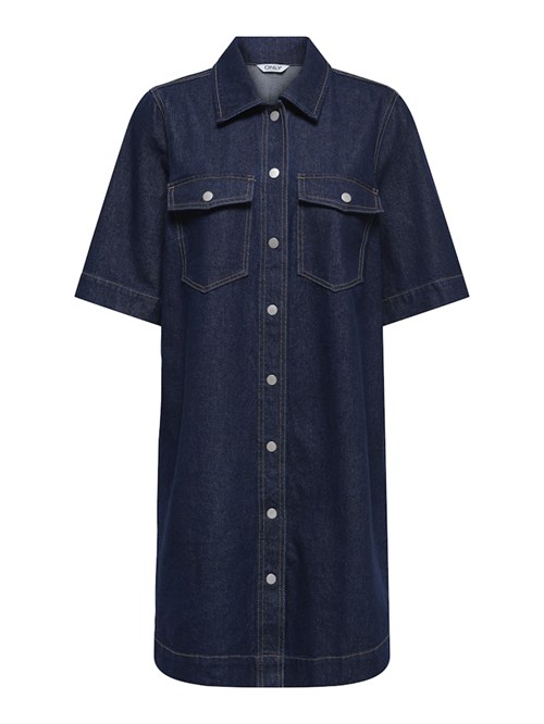 Only Belle Denim Kjole, Kort Ærme, Trykknapper, Mørk Denim